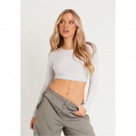 къса,блуза,дамски,топове,missy,empire,sleeve,crew,neck,smooth,crop,top,grey