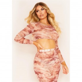 къса,блуза,дамски,топове,missy,empire,print,long,sleeve,mesh,crop,top,brown