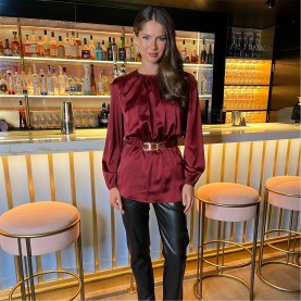 фланелка,с,дълъг,ръкав,дамски,топове,ax,paris,satin,long,sleeve,gold,detail,belt,top,wine
