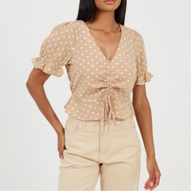 дамска,фланелка,с,къс,ръкав,дамски,топове,brave,soul,womens,short,sleeve,polka,dot,top,with,centre,ruching,stone,white