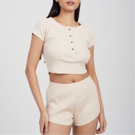 Дамски комплект Brave Soul Womens Lounge Set with Henley Cropped Tee & Matching Shorts - Oatmeal дамски,комплект,дамски,пижами,brave,soul,womens,lounge,set,with,henley,cropped,tee,&,matching,shorts,oatmeal