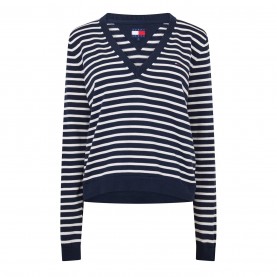 Пуловер Tommy Jeans Women's V-Neck Jumper - Navy/Stripe пуловер,дамски,плетени,дрехи,tommy,jeans,women's,v,neck,jumper,navy,stripe