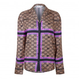 дамски,пижами,off,white,monogram,silk,pajama,shirt,brown,black