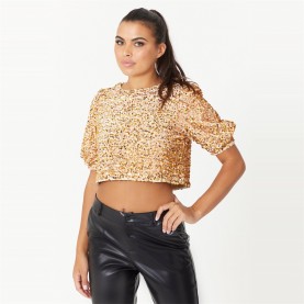 къса,блуза,дамски,ризи,дамски,облекла,размер,be,you,crop,sequin,balloon,sleeve,top,gold