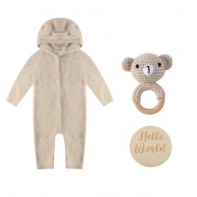 бебешки,облекла,hello,world,baby,boy,bear,romper,and,rattle,gift,beige
