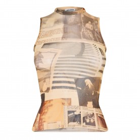 Дамски потник Jean Paul Gaultier Womens Journal Mesh Tank Top - Ecru/Grey/Red дамски,потник,дамски,топове,jean,paul,gaultier,women,s,journal,mesh,tank,top,ecru,grey,red