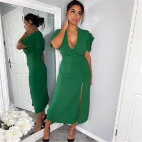 рокля,дамски,поли,и,рокли,ax,paris,green,ruched,split,leg,midi,dress,green