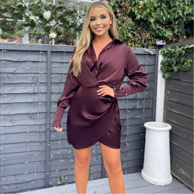 рокля,дамски,поли,и,рокли,ax,paris,satin,wrap,shirt,dress,plum