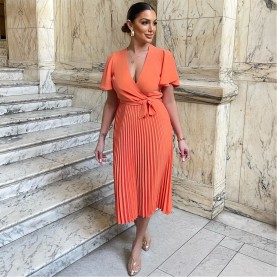 рокля,дамски,поли,и,рокли,ax,paris,pleated,midi,dress,with,tie,waist,peach