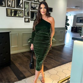 рокля,дамски,поли,и,рокли,ax,paris,green,velvet,one,sleeve,ruched,midi,dress,green