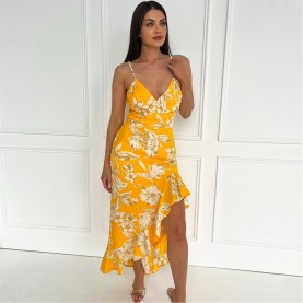 рокля,дамски,поли,и,рокли,ax,paris,yellow,floral,printed,strappy,high,low,frill,hem,midi,dress,yellow