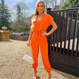 дамски,летни,гащеризони,ax,paris,v,neck,short,sleeve,belted,elasticated,cuff,jumpsuit,burnt,orange