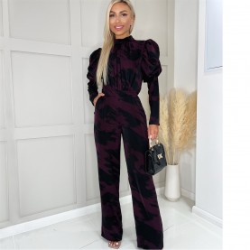 дамски,летни,гащеризони,ax,paris,wine,printed,high,neck,puff,sleeve,jumpsuit,wine