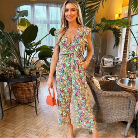 дамски,летни,гащеризони,ax,paris,multi,floral,print,v,neck,belted,jumpsuit,multi