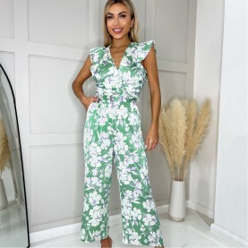дамски,летни,гащеризони,ax,paris,green,printed,wrap,front,frill,sleeve,belted,jumpsuit,green