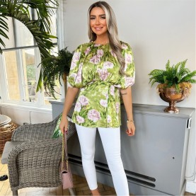 блуза,с,ръкав,прилеп,дамски,топове,ax,paris,green,floral,satin,ruched,shoulder,batwing,top,green