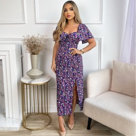 Рокля AX Paris Animal Print Short Sleeve Tie Front Midi Dress - Purple рокля,дамски,поли,и,рокли,ax,paris,animal,print,short,sleeve,tie,front,midi,dress,purple