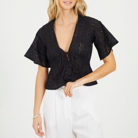Дамска риза с къс ръкав Brave Soul BS Womens Broderie Anglaise Short Sleeve Shirt with Front Tie Detail - Black дамска,риза,с,къс,ръкав,brave,soul,bs,womens,broderie,anglaise,short,sleeve,shirt,with,front,tie,detail,black