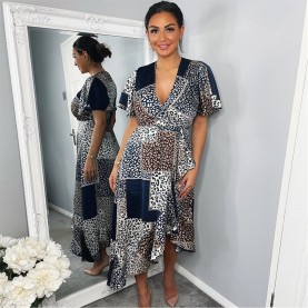 рокля,дамски,поли,и,рокли,ax,paris,animal,print,patchwork,wrap,midi,dress,navy