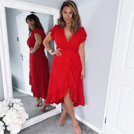 рокля,дамски,поли,и,рокли,ax,paris,over,frill,hem,short,sleeve,midi,dress,red