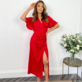 рокля,дамски,поли,и,рокли,ax,paris,ruched,split,leg,midi,dress,red
