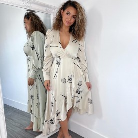 рокля,дамски,поли,и,рокли,ax,paris,floral,printed,wrap,over,long,sleeve,dress,stone