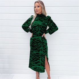 рокля,дамски,поли,и,рокли,ax,paris,animal,print,high,neck,long,sleeve,midi,dress,green