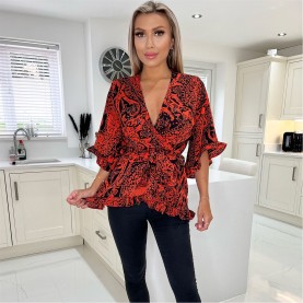 дамски,топове,ax,paris,and,black,printed,frill,hem,wrap,top,red,black