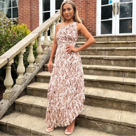 Рокля AX Paris Printed One Shoulder Pleated Midi Dress - Cream рокля,дамски,поли,и,рокли,ax,paris,printed,one,shoulder,pleated,midi,dress,cream