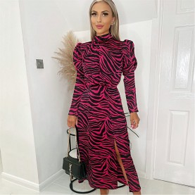 рокля,дамски,поли,и,рокли,ax,paris,zebra,print,long,puff,sleeve,midi,dress,pink