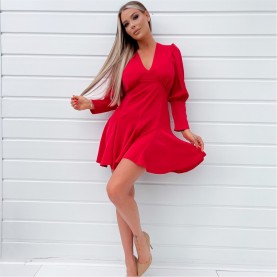 рокля,дамски,поли,и,рокли,ax,paris,v,neck,long,sleeve,skater,dress,red