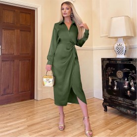 рокля,дамски,поли,и,рокли,ax,paris,wrap,satin,shirt,midi,dress,olive