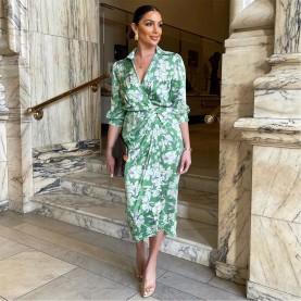 рокля,дамски,поли,и,рокли,ax,paris,floral,wrap,shirt,midi,dress,green