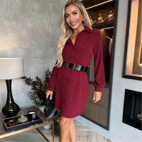 Рокля AX Paris Front Belted Shirt Mini Dress - Wine рокля,дамски,поли,и,рокли,ax,paris,front,belted,shirt,mini,dress,wine