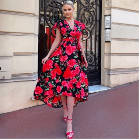 Рокля AX Paris Floral Print Short Sleeve Belted Wrap Midi Dress - Red рокля,дамски,поли,и,рокли,ax,paris,floral,print,short,sleeve,belted,wrap,midi,dress,red