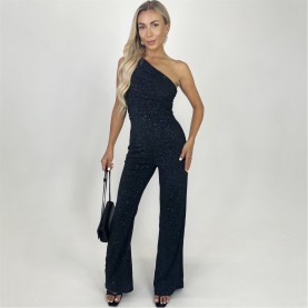 AX Paris Sparkle One Shoulder Ruched Top Jumpsuit - Black дамски,летни,гащеризони,ax,paris,sparkle,one,shoulder,ruched,top,jumpsuit,black