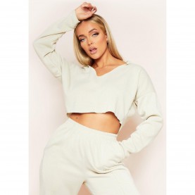 Суичър Missy Empire V Neck Seam Detail Cropped Hoodie - Stone суичър,дамски,горнища,с,качулка,missy,empire,v,neck,seam,detail,cropped,hoodie,stone
