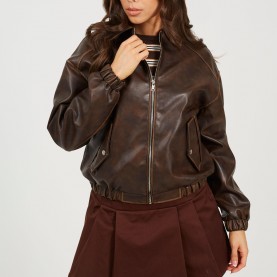 Brave Soul BS Womens Vintage Finish Faux Leather Bomber with Collar - Vntge Dk Brown дамски,жилетки,brave,soul,bs,womens,vintage,finish,faux,leather,bomber,with,collar,vntge,dk,brown