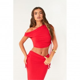 къса,блуза,дамски,топове,missy,empire,off,the,shoulder,ruched,crop,top,red