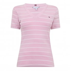 Тениска Tommy Hilfiger V-Neck Striped T-Shirt - Pink/Ecru тениска,дамски,топове,tommy,hilfiger,v,neck,striped,t,shirt,pink,ecru