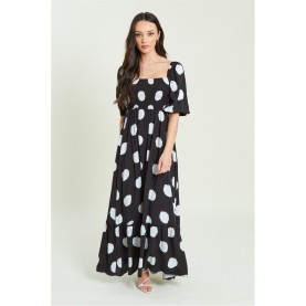 рокля,дамски,поли,и,рокли,be,you,shirred,puff,sleeve,midi,dress,blk,spot