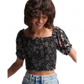къса,блуза,дамски,топове,superdry,vintage,smocked,crop,short,sleeve,top,olivia,paisley,floral,(black)