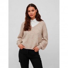 блуза,дамски,пуловери,дамски,плетени,дрехи,vila,jamina,rev,v,neck,sweater,beige,(natural,melange)