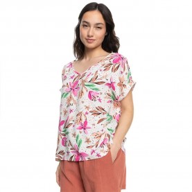 Тениска Roxy Sweet Hibiscus short sleeve v neck T-shirt - Multicolor (Snow White Happy Tropical) тениска,дамски,тениски,roxy,sweet,hibiscus,short,sleeve,v,neck,t,shirt,multicolor,(snow,white,happy,tropical)