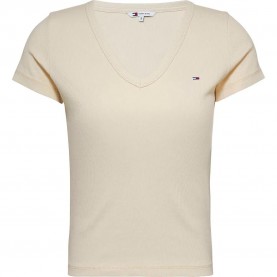 тениска,дамски,тениски,tommy,jeans,dw0dw17385,short,sleeve,v,neck,t,shirt,beige,(newsprint)