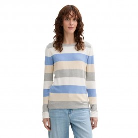 блуза,дамски,пуловери,дамски,плетени,дрехи,tom,tailor,knit,structured,striped,sweater,beige,blue,block,stripe,(multicolor)