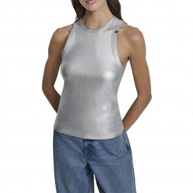 Тениска DKNY Foil Rib Cut Out sleeveless T-shirt - Silver (Eggnog / Silver Beige) тениска,дамски,тениски,dkny,foil,rib,cut,out,sleeveless,t,shirt,silver,(eggnog,silver,beige)