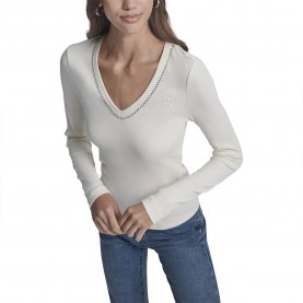 Тениска DKNY Rhinestone Long Sleeve V Neck T-Shirt - Eggnog / Champagne Beige тениска,дамски,тениски,dkny,rhinestone,long,sleeve,v,neck,t,shirt,eggnog,champagne,beige