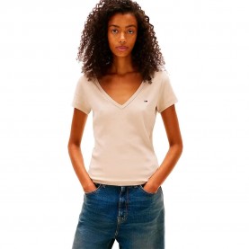 тениска,дамски,тениски,tommy,jeans,dw0dw17385,short,sleeve,v,neck,t,shirt,beige,(gulf,sand)
