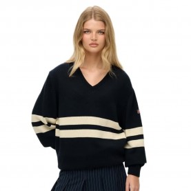 Блуза Superdry Oversized Striped v neck sweater - Black (Deep Navy) блуза,дамски,пуловери,дамски,плетени,дрехи,superdry,oversized,striped,v,neck,sweater,black,(deep,navy)